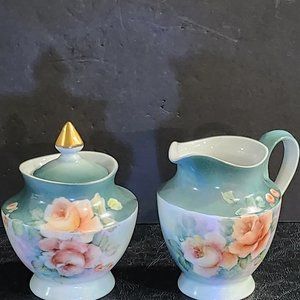 Vintage Wunsiedel Barvarian Porzellan Hand Painted and Signed Sugar and Creamer